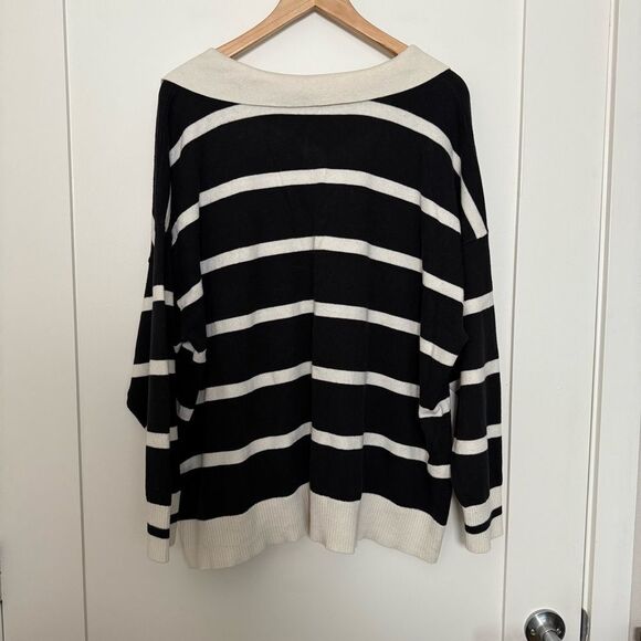 Torrid Sweater Sz 3X Black White Striped Knit Collared V Neck Preppy Office - Picture 6 of 12